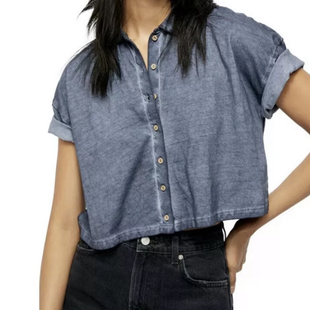 Free People Weekend Rush Boxy Crop Tee Button Up